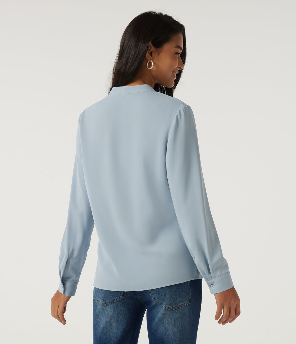 V Neck Long Sleeve Boxy Work Blouse — Misty Rain Grey — view 2