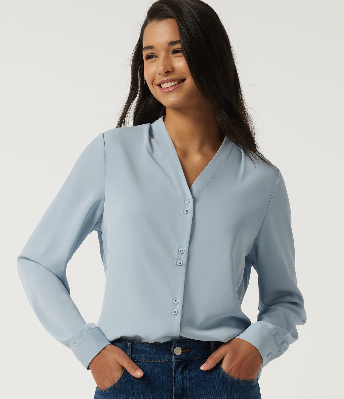 V Neck Long Sleeve Boxy Work Blouse — Misty Rain Grey — view 4