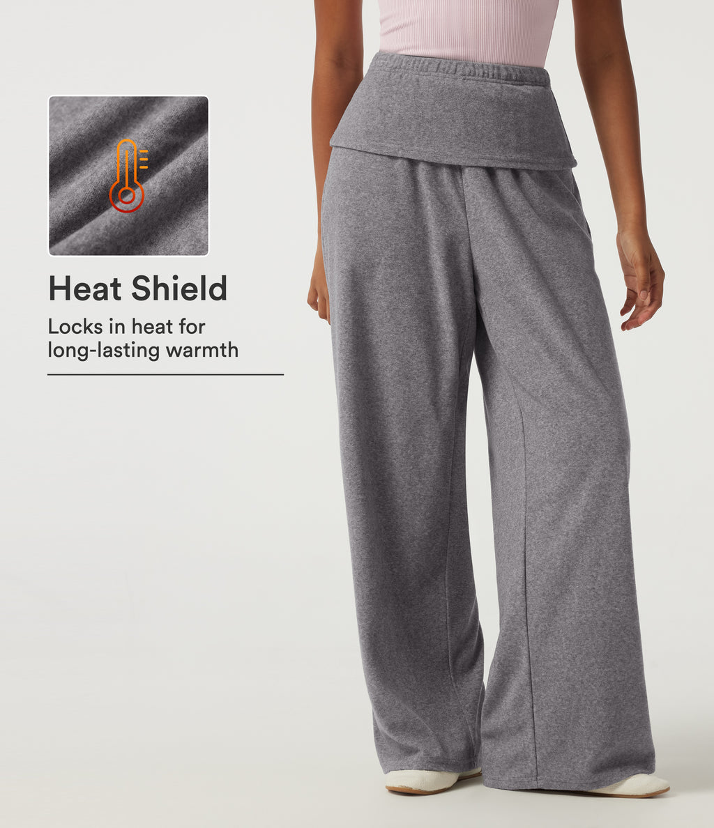 High Waisted Foldover Flare Fleece Casual Trousers with Pockets — Mottled Grey — view 1