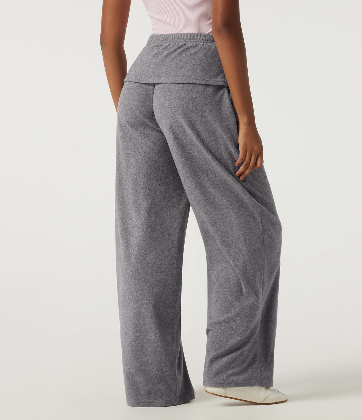 High Waisted Foldover Flare Fleece Casual Trousers with Pockets — Mottled Grey — view 2