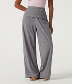 High Waisted Foldover Flare Fleece Casual Trousers with Pockets — Mottled Grey — view 4