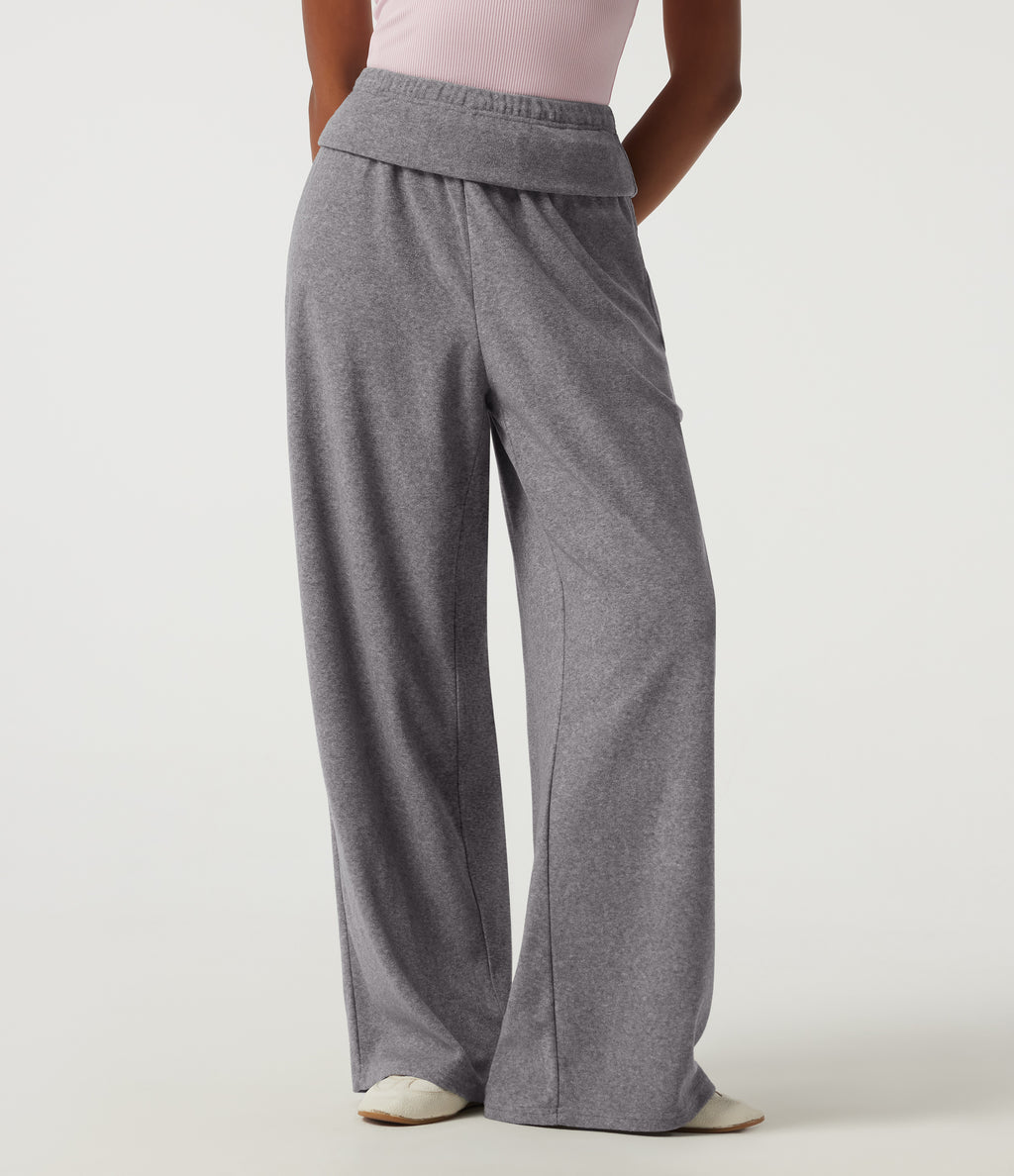 High Waisted Foldover Flare Fleece Casual Trousers with Pockets — Mottled Grey — view 5