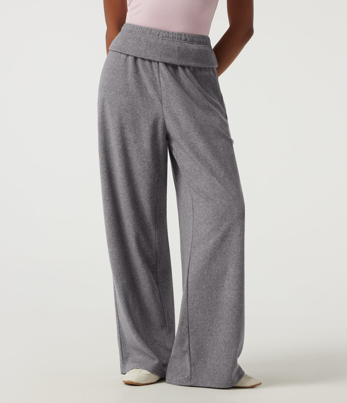 High Waisted Foldover Flare Fleece Casual Trousers with Pockets — Mottled Grey — view 5
