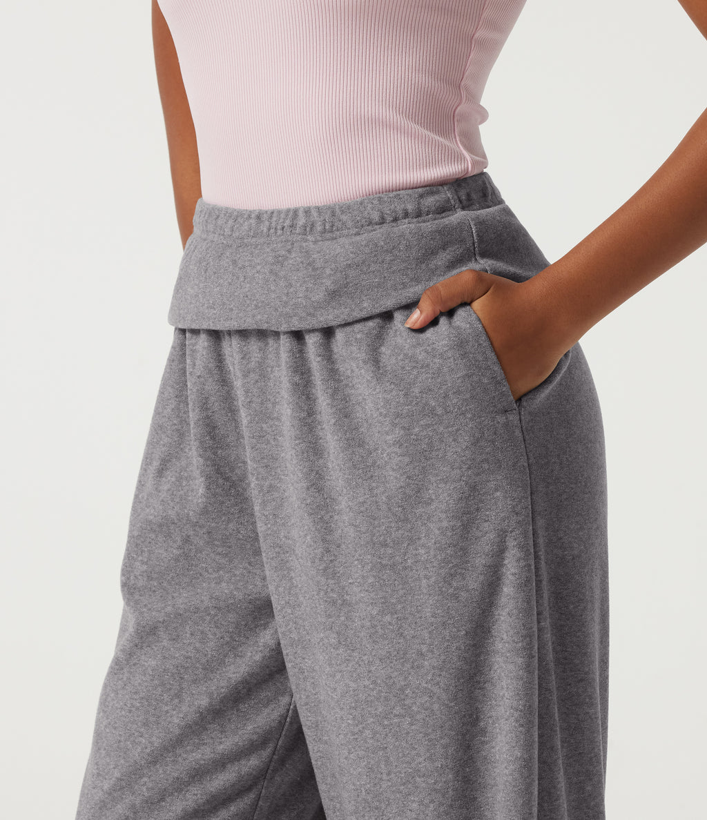 High Waisted Foldover Flare Fleece Casual Trousers with Pockets — Mottled Grey — view 6