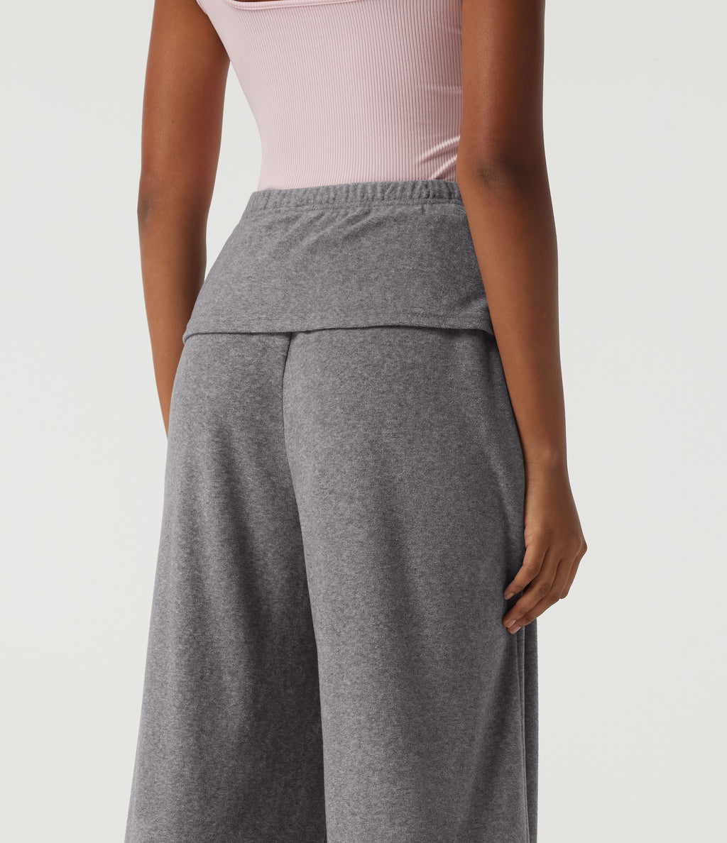 High Waisted Foldover Flare Fleece Casual Trousers with Pockets — Mottled Grey — view 7