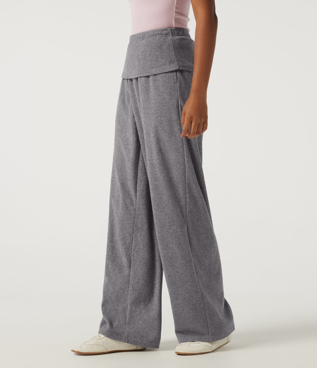 High Waisted Foldover Flare Fleece Casual Trousers with Pockets — Mottled Grey — view 3