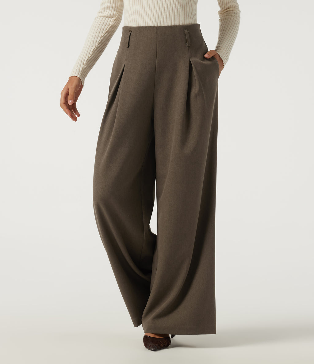 High Waisted Wide Leg Work Trousers with Pockets — Wren — view 1