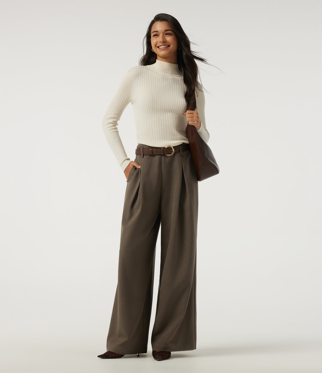 High Waisted Wide Leg Work Trousers with Pockets — Wren — view 6