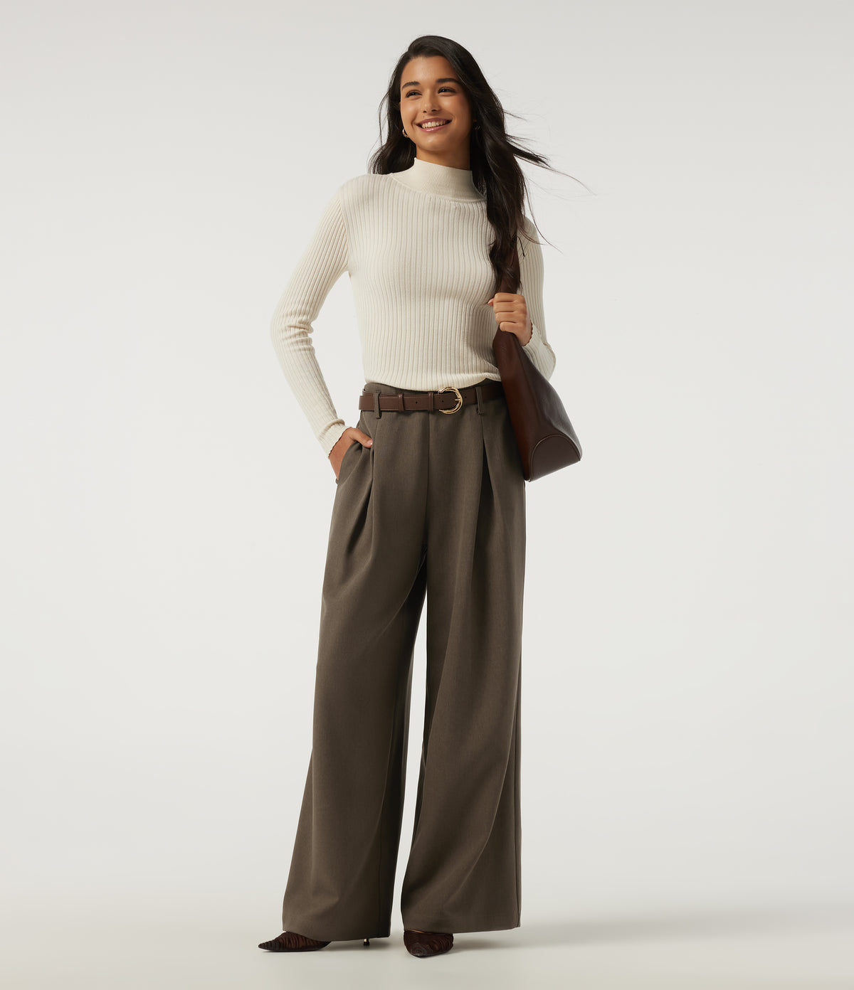 High Waisted Wide Leg Work Trousers with Pockets — Wren — view 6