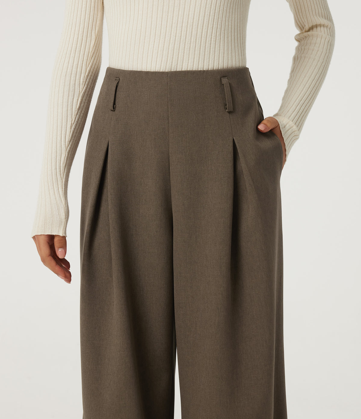 High Waisted Wide Leg Work Trousers with Pockets — Wren — view 4