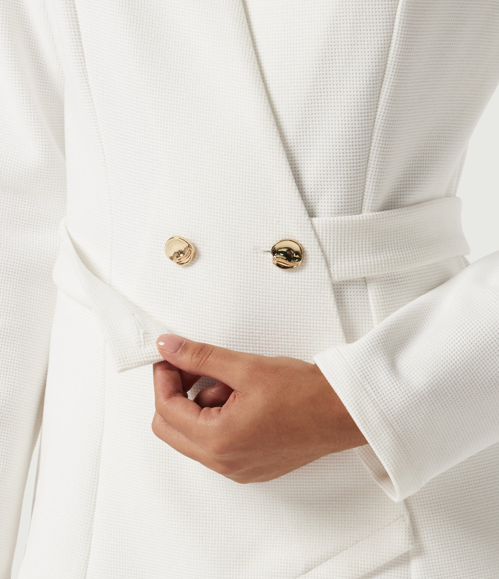 V Neck Long Sleeve Belted Waffle Casual Jacket — White — view 6