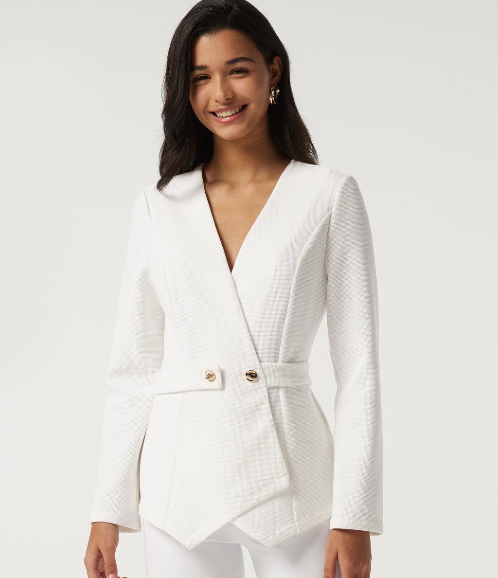 V Neck Long Sleeve Belted Waffle Casual Jacket — White — view 4