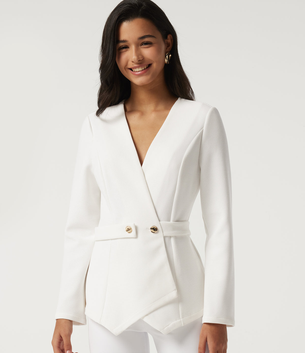V Neck Long Sleeve Belted Waffle Casual Jacket — White — view 4