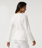 V Neck Long Sleeve Belted Waffle Casual Jacket — White — view 2