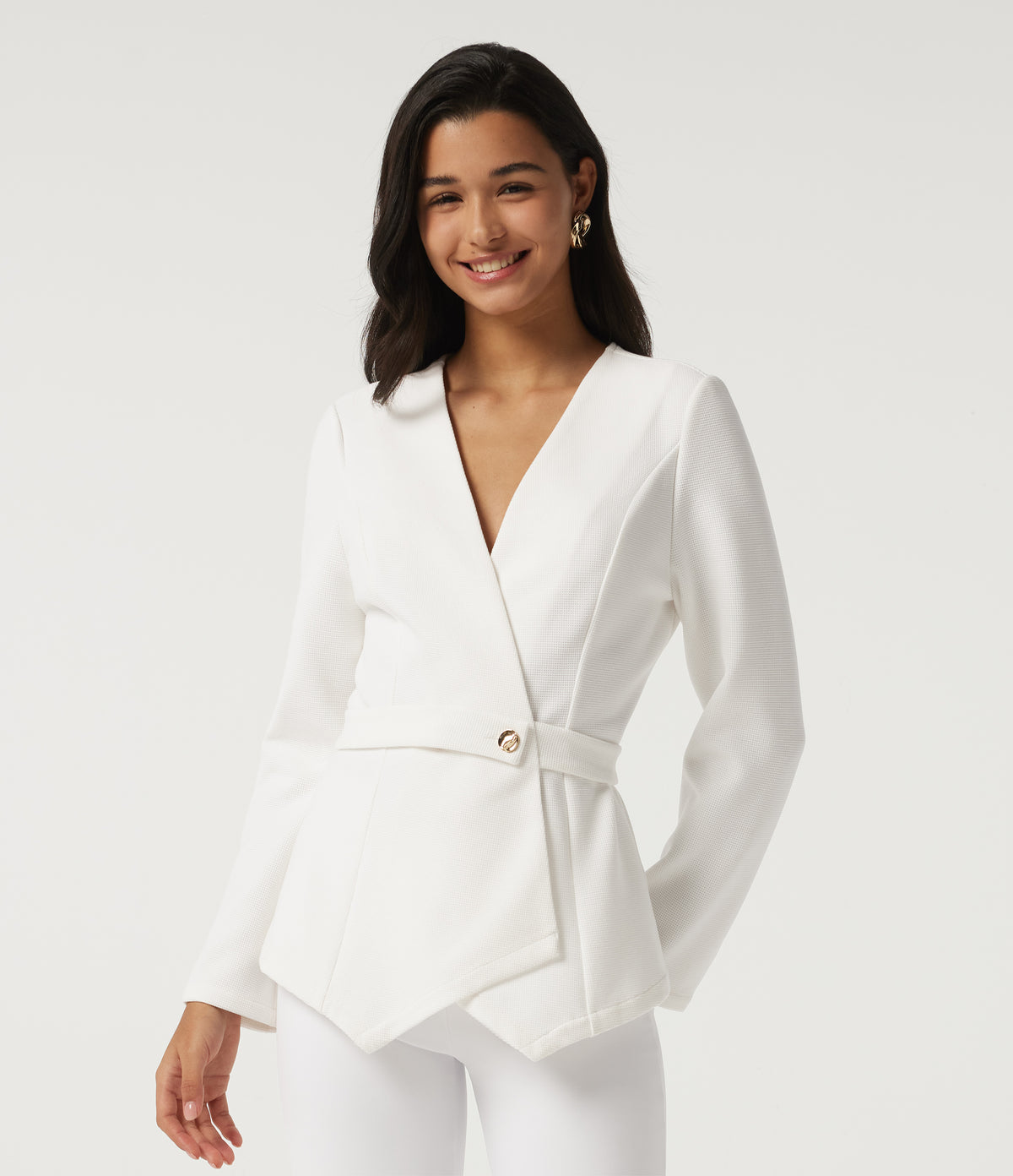 V Neck Long Sleeve Belted Waffle Casual Jacket — White — view 1