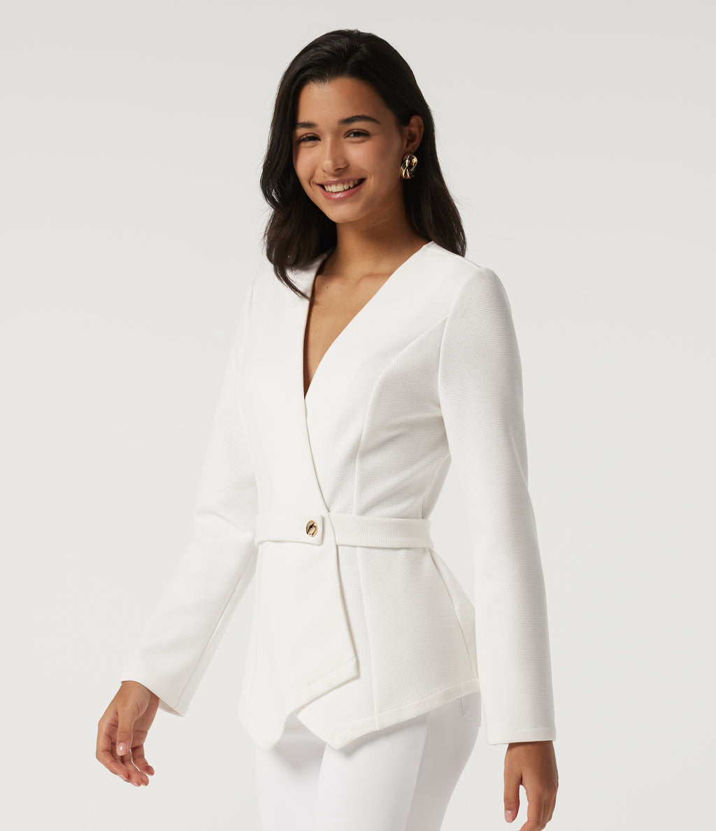 V Neck Long Sleeve Belted Waffle Casual Jacket — White — view 3