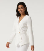 V Neck Long Sleeve Belted Waffle Casual Jacket — White — view 3
