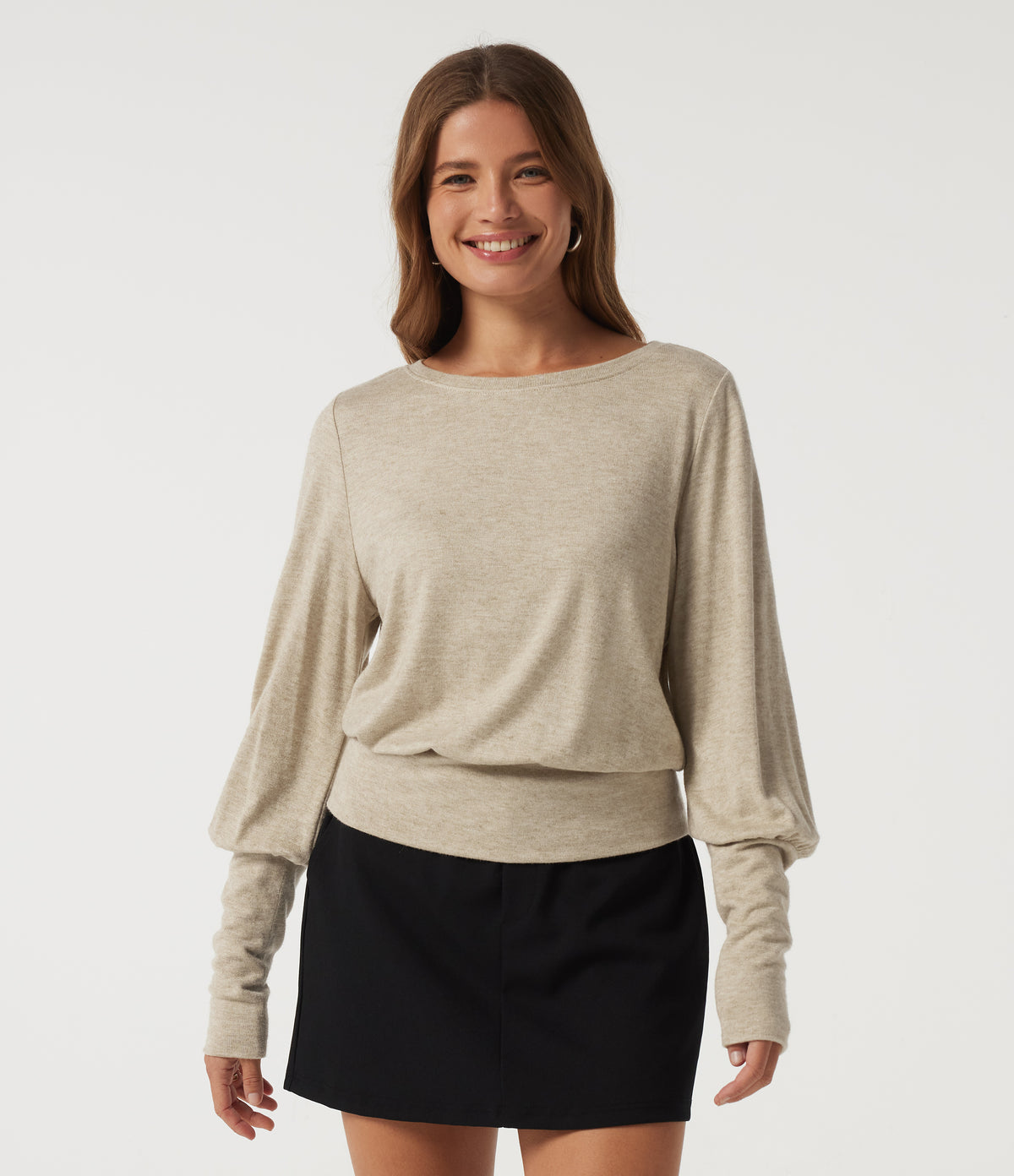 Round Neck Batwing Long Sleeve Casual Top — Oatmeal Khaki — view 4
