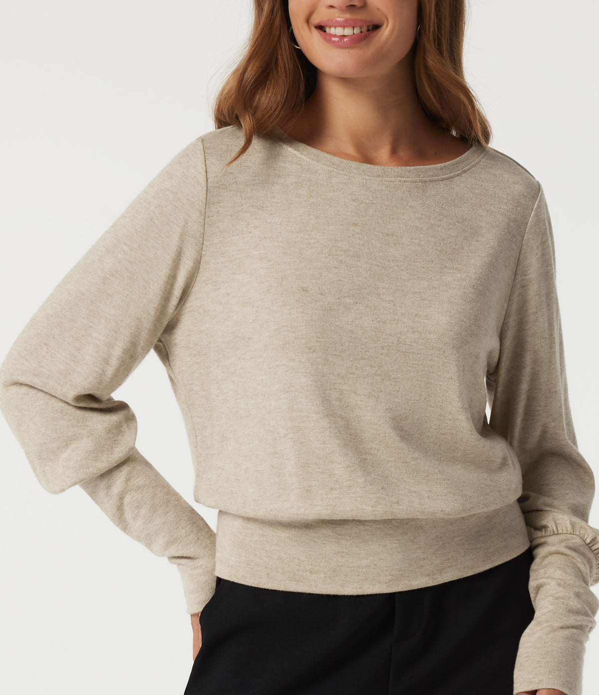 Round Neck Batwing Long Sleeve Casual Top — Oatmeal Khaki — view 5