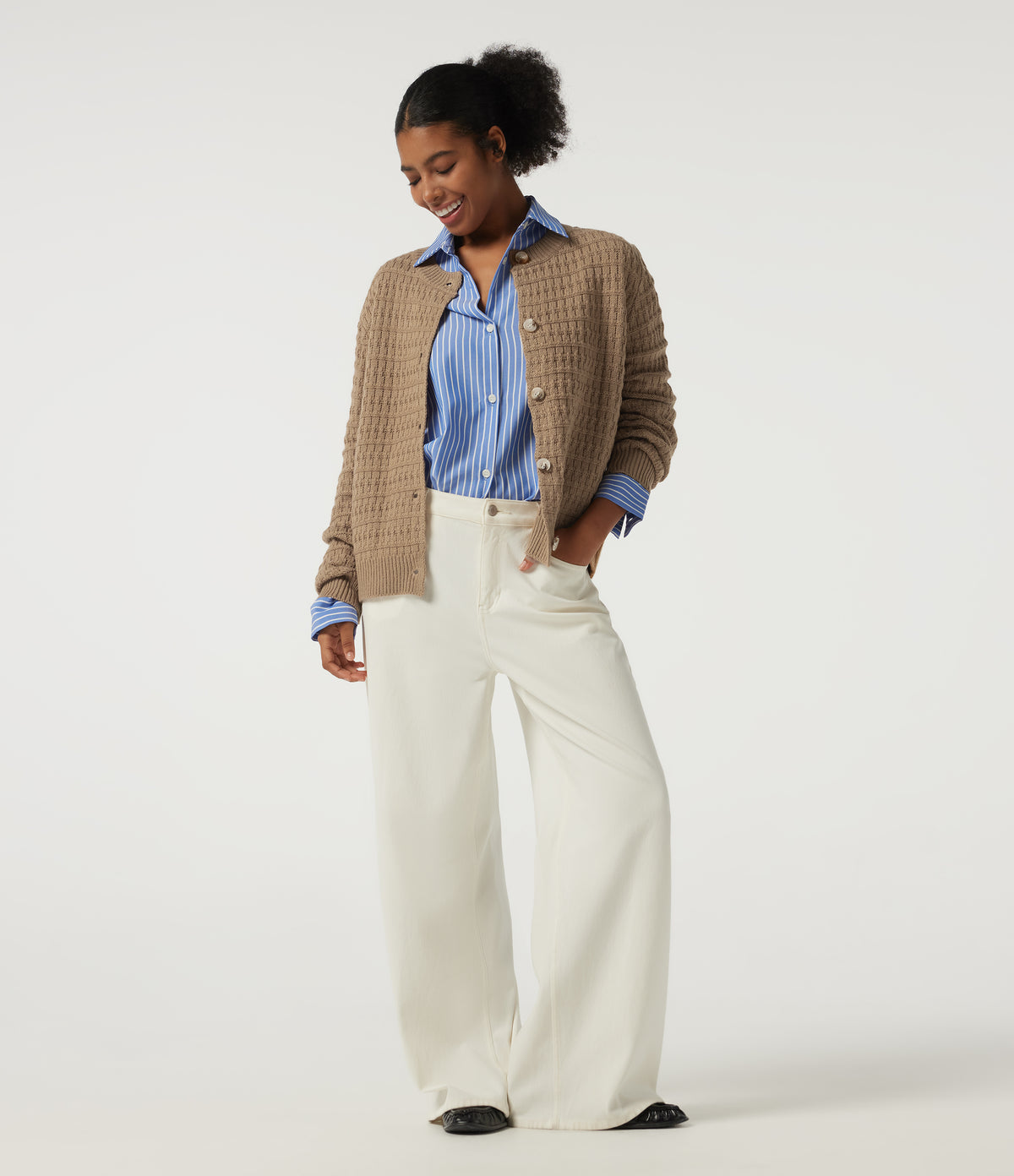 Round Neck Long Sleeve Work Cardigan — Kelp — view 6