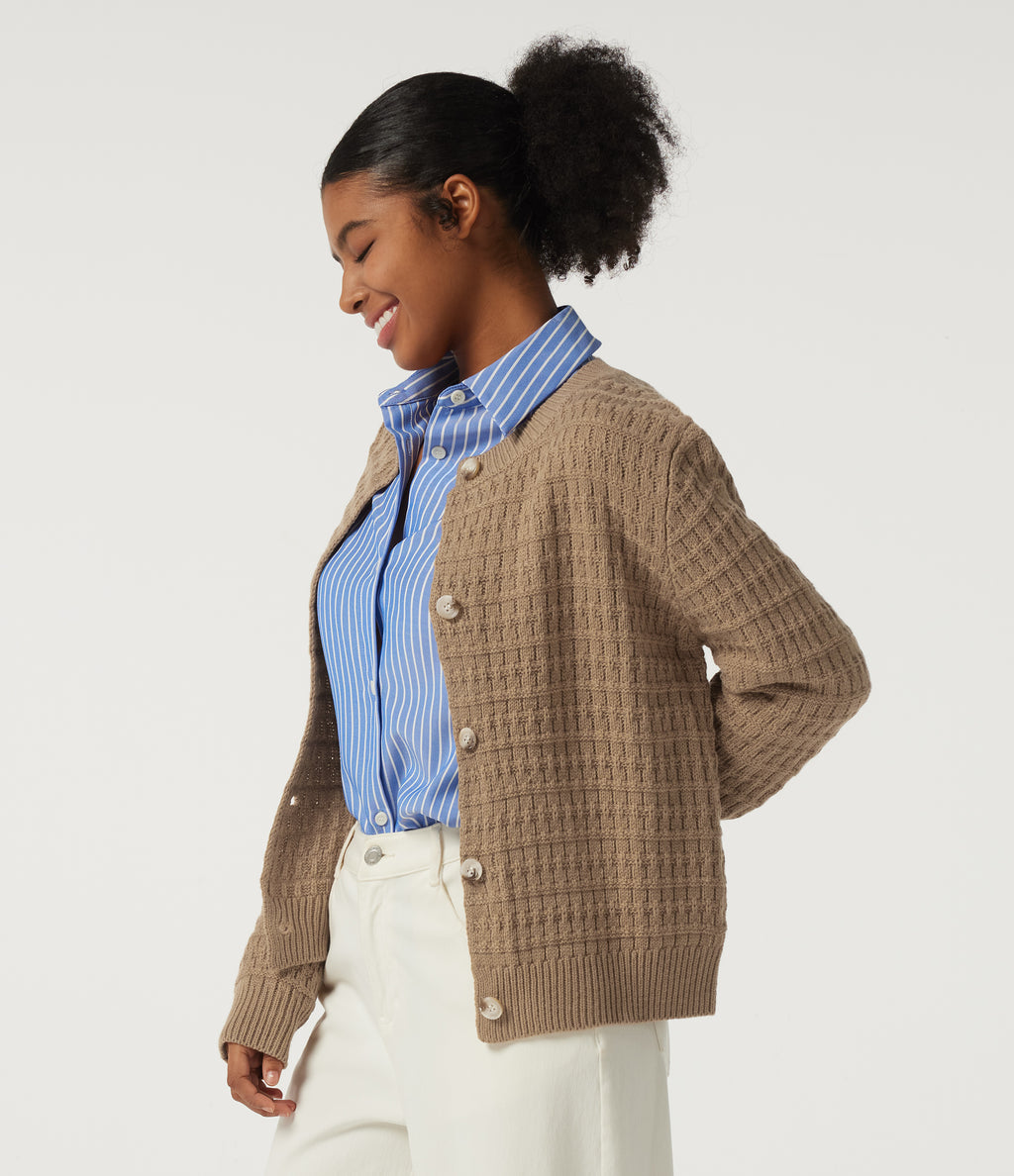 Round Neck Long Sleeve Work Cardigan — Kelp — view 3