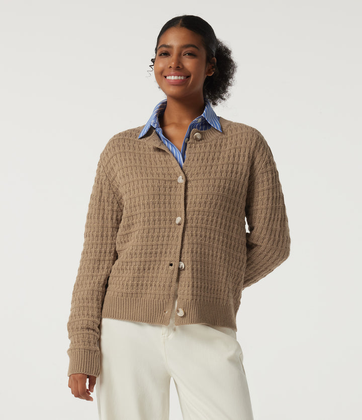 Round Neck Long Sleeve Work Cardigan — Kelp — view 1