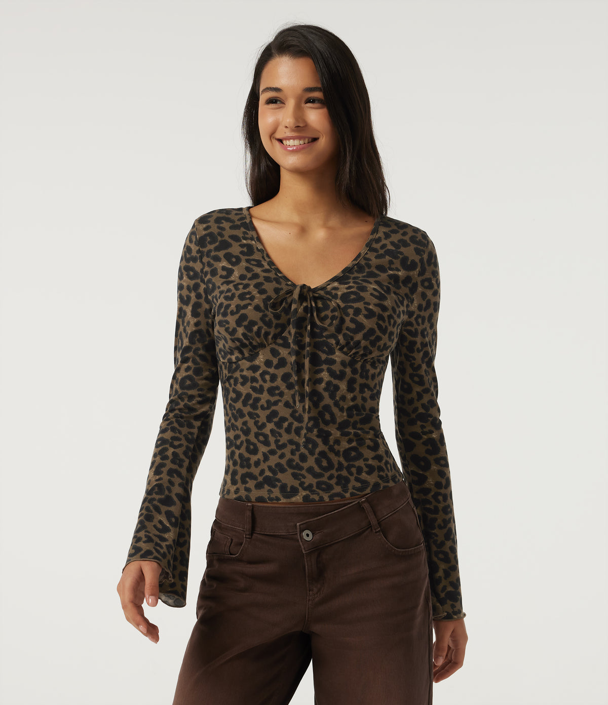 V Neck Flounce Long Sleeve Tie Front Leopard Print Casual T-Shirt — Hazel Prowl — view 3