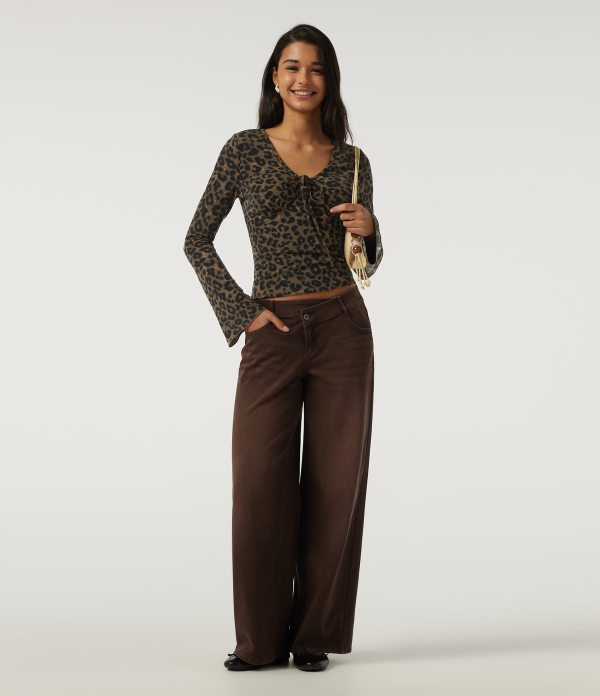 V Neck Flounce Long Sleeve Tie Front Leopard Print Casual T-Shirt — Hazel Prowl — view 6