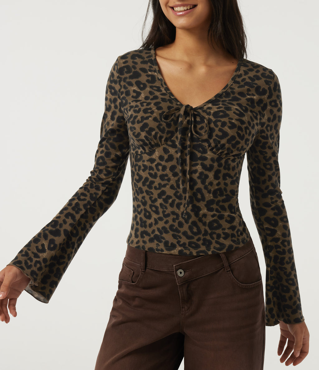 V Neck Flounce Long Sleeve Tie Front Leopard Print Casual T-Shirt — Hazel Prowl — view 5