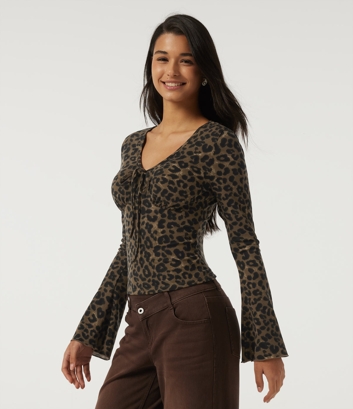 V Neck Flounce Long Sleeve Tie Front Leopard Print Casual T-Shirt — Hazel Prowl — view 4