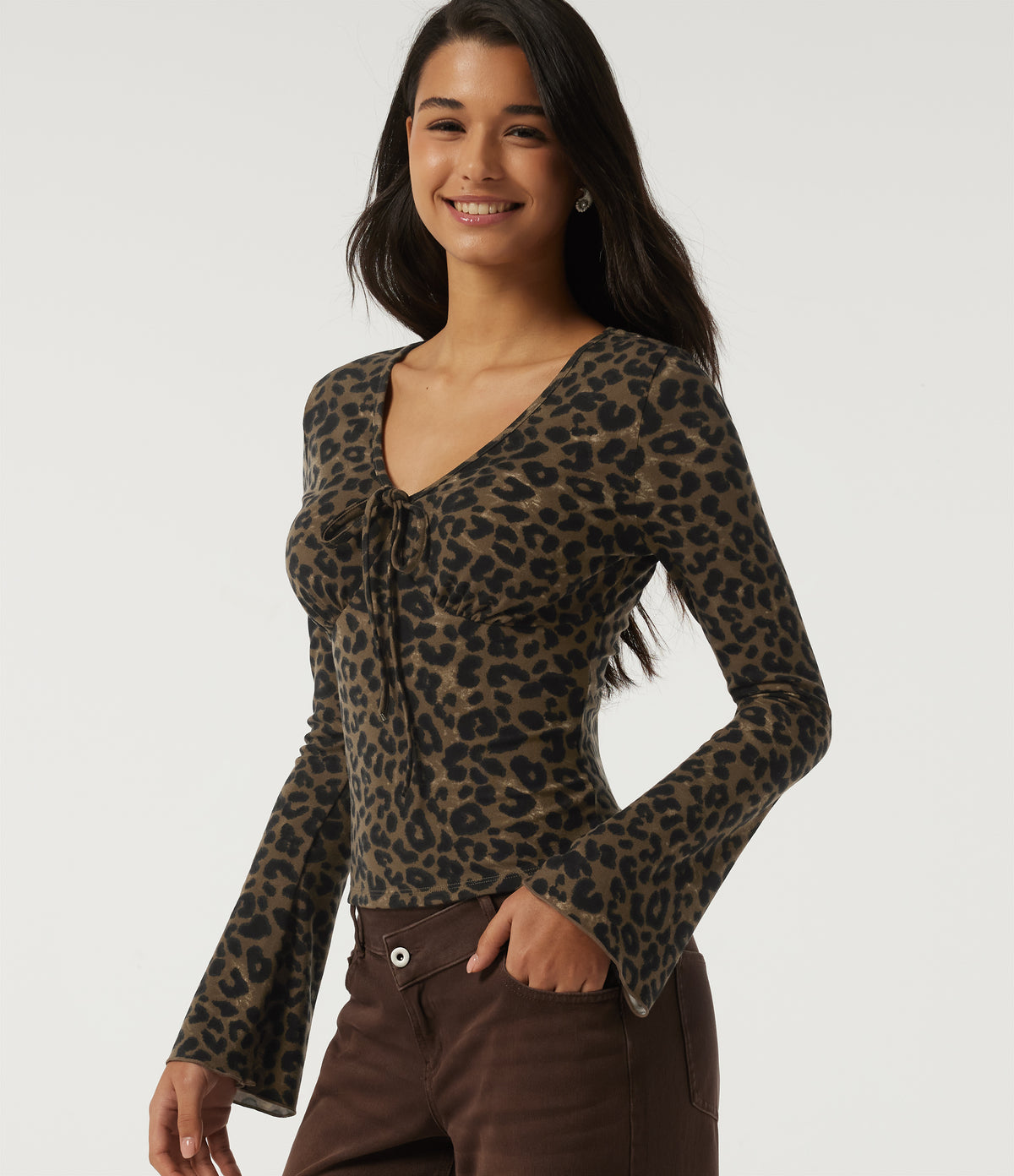 V Neck Flounce Long Sleeve Tie Front Leopard Print Casual T-Shirt — Hazel Prowl — view 1