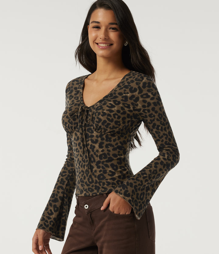 V Neck Flounce Long Sleeve Tie Front Leopard Print Casual T-Shirt — Hazel Prowl — view 1