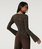 V Neck Flounce Long Sleeve Tie Front Leopard Print Casual T-Shirt — Hazel Prowl — view 2