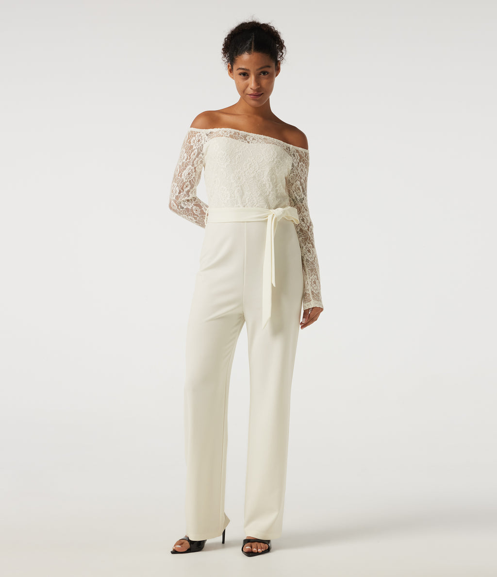 Off Shoulder Long Sleeve Straight Leg Belted Casual Jumpsuit — White Down — view 1