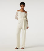 Off Shoulder Long Sleeve Straight Leg Belted Casual Jumpsuit — White Down — view 1
