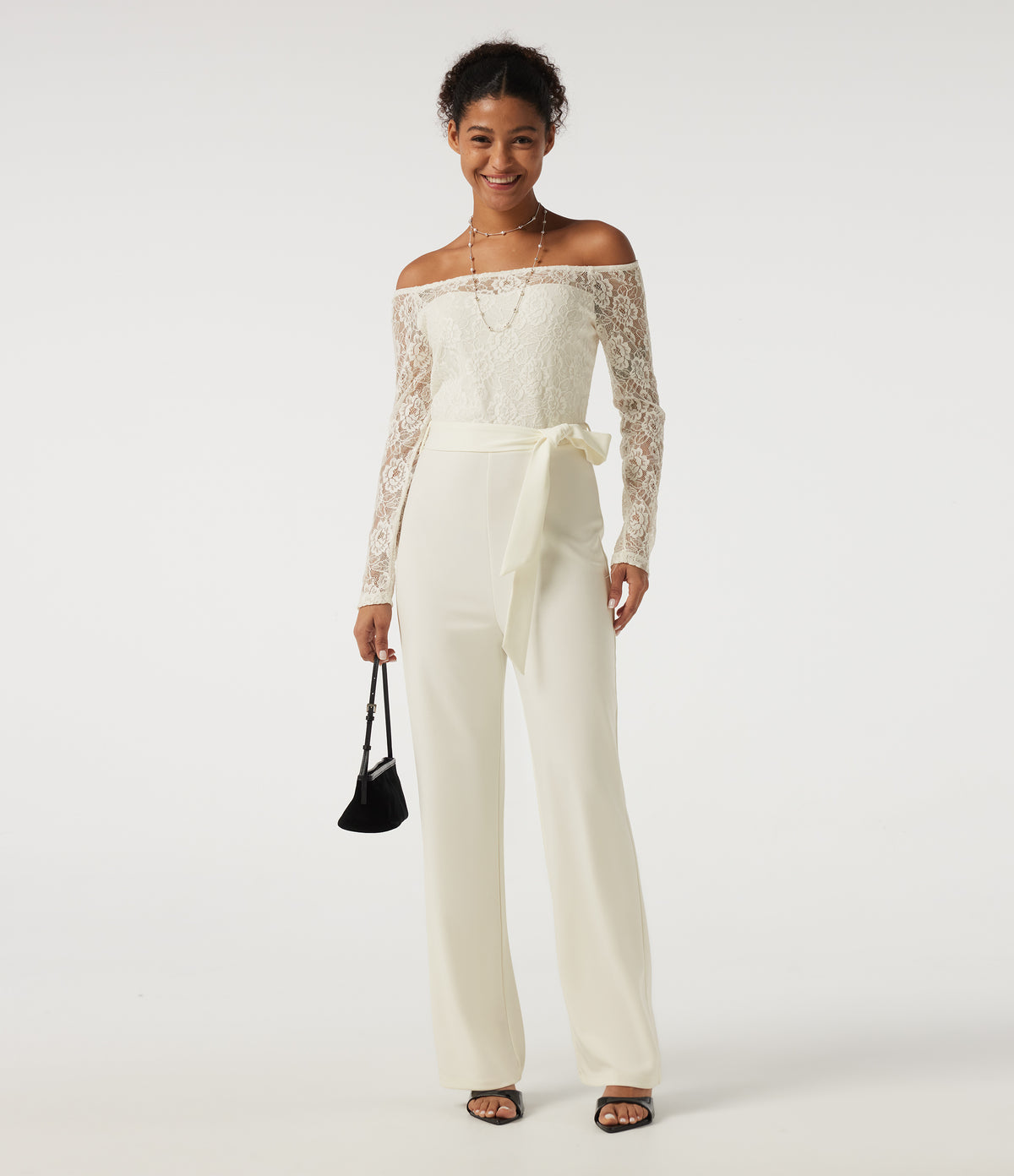 Off Shoulder Long Sleeve Straight Leg Belted Casual Jumpsuit — White Down — view 8