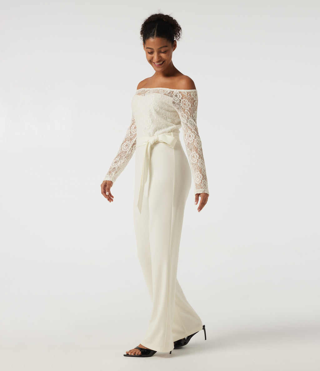 Off Shoulder Long Sleeve Straight Leg Belted Casual Jumpsuit — White Down — view 3