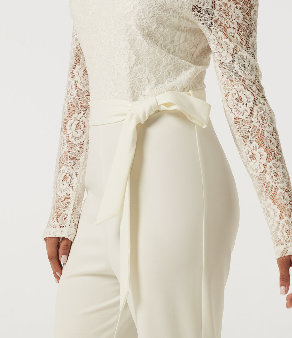 Off Shoulder Long Sleeve Straight Leg Belted Casual Jumpsuit — White Down — view 6