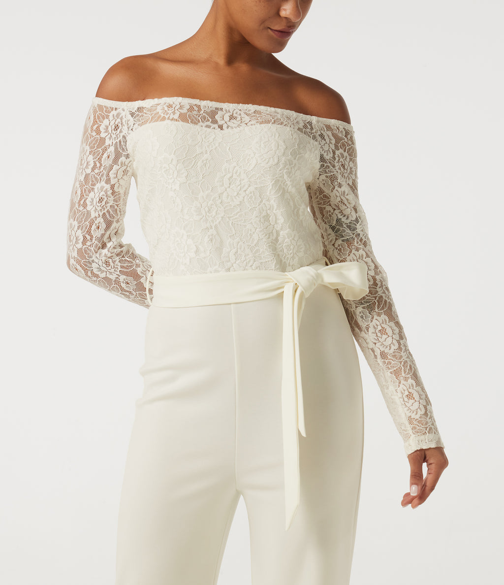 Off Shoulder Long Sleeve Straight Leg Belted Casual Jumpsuit — White Down — view 4