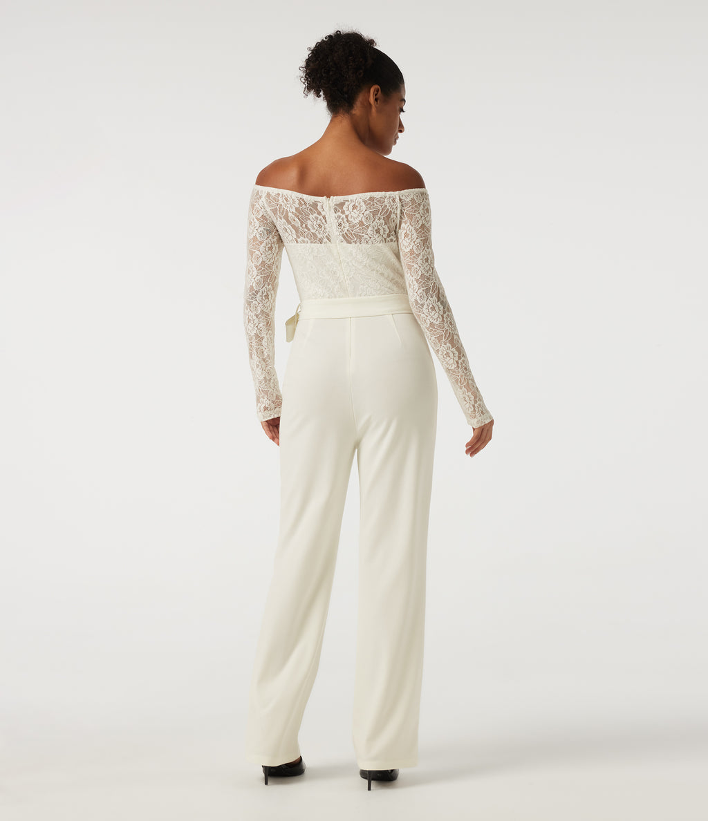 Off Shoulder Long Sleeve Straight Leg Belted Casual Jumpsuit — White Down — view 2
