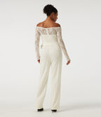 Off Shoulder Long Sleeve Straight Leg Belted Casual Jumpsuit — White Down — view 2