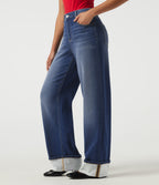 Mid Rise Straight Leg Casual Jeans with Pockets — Estate Blue Denim — view 3