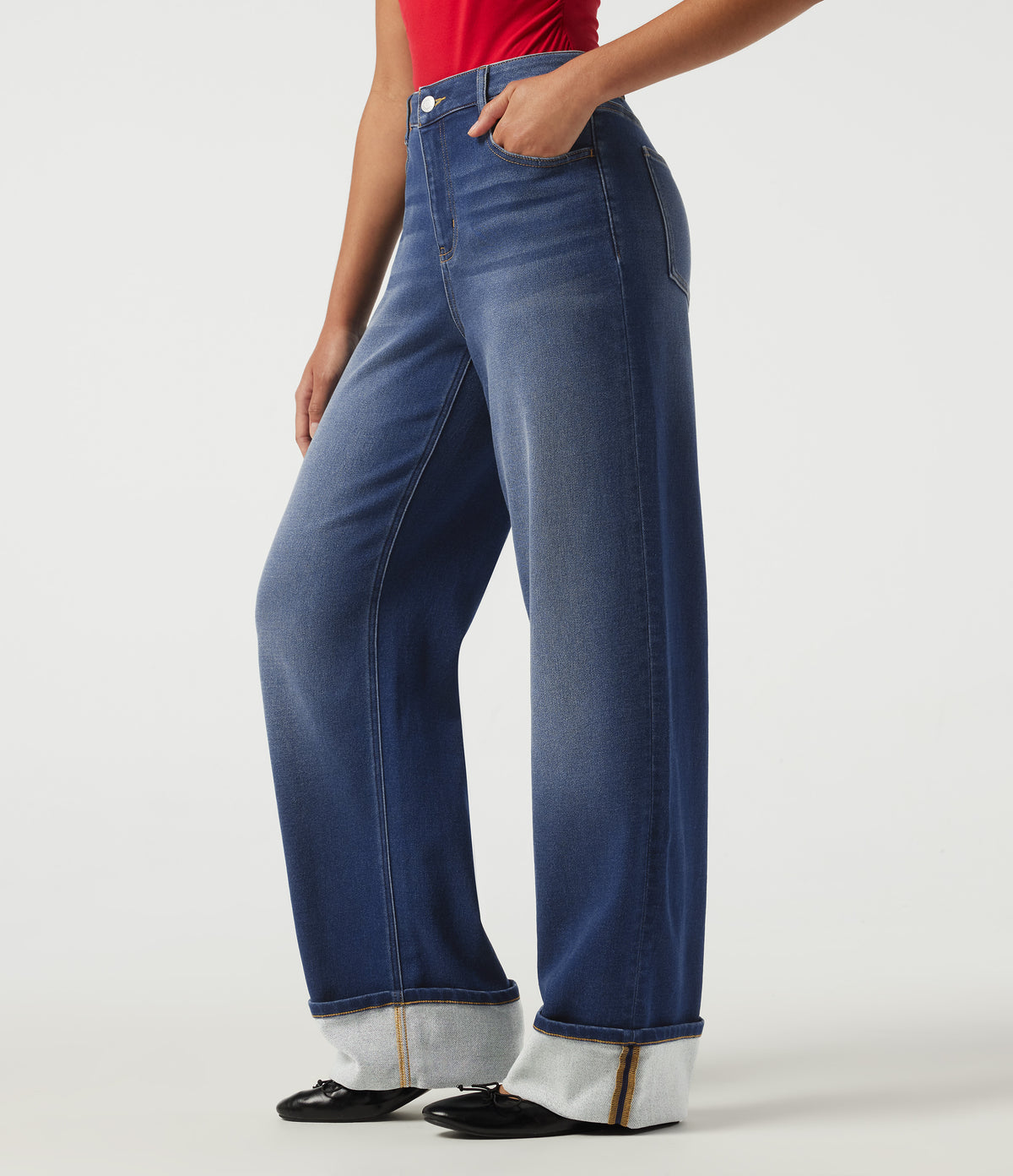 Mid Rise Straight Leg Casual Jeans with Pockets — Estate Blue Denim — view 3