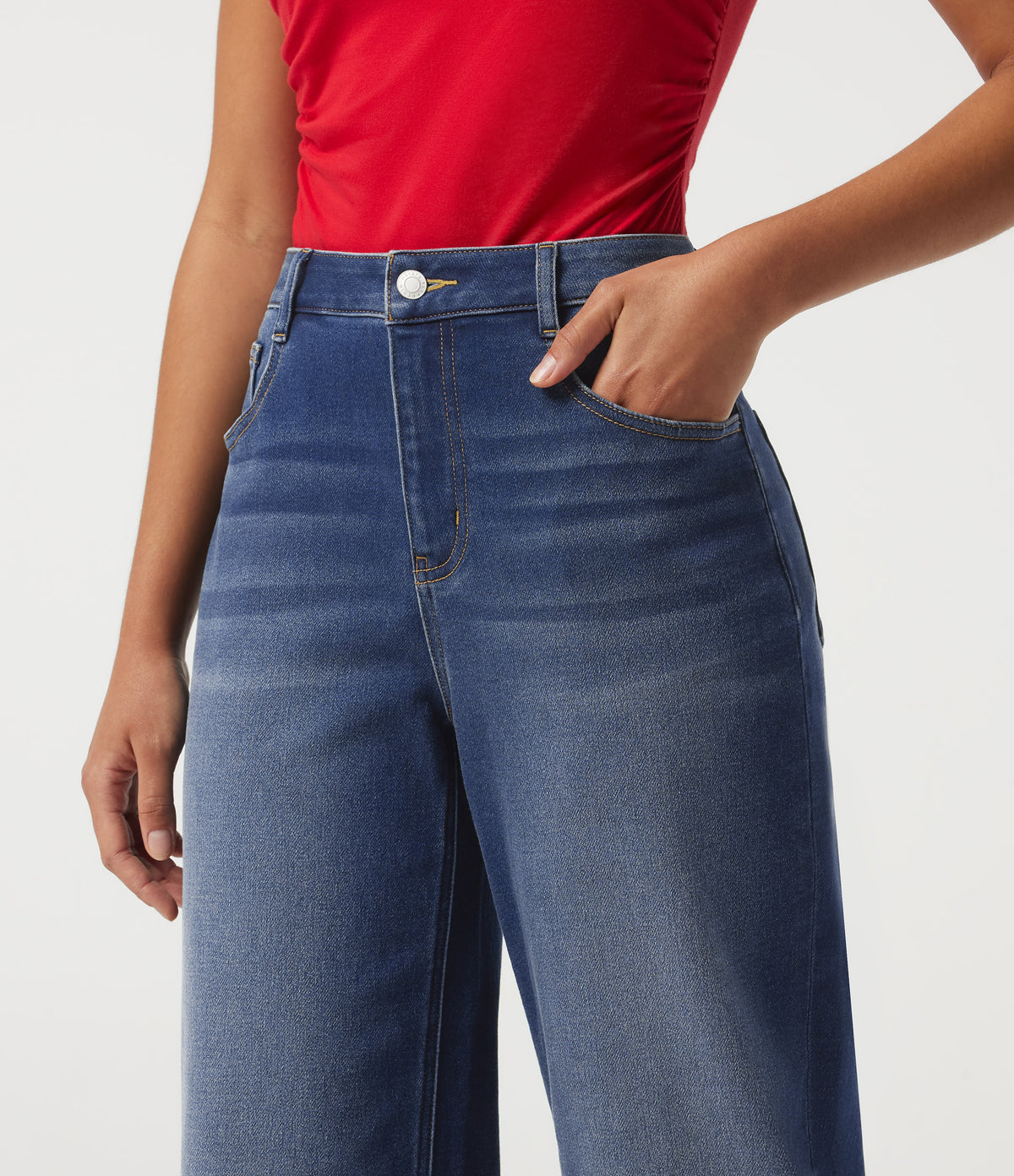 Mid Rise Straight Leg Casual Jeans with Pockets — Estate Blue Denim — view 4