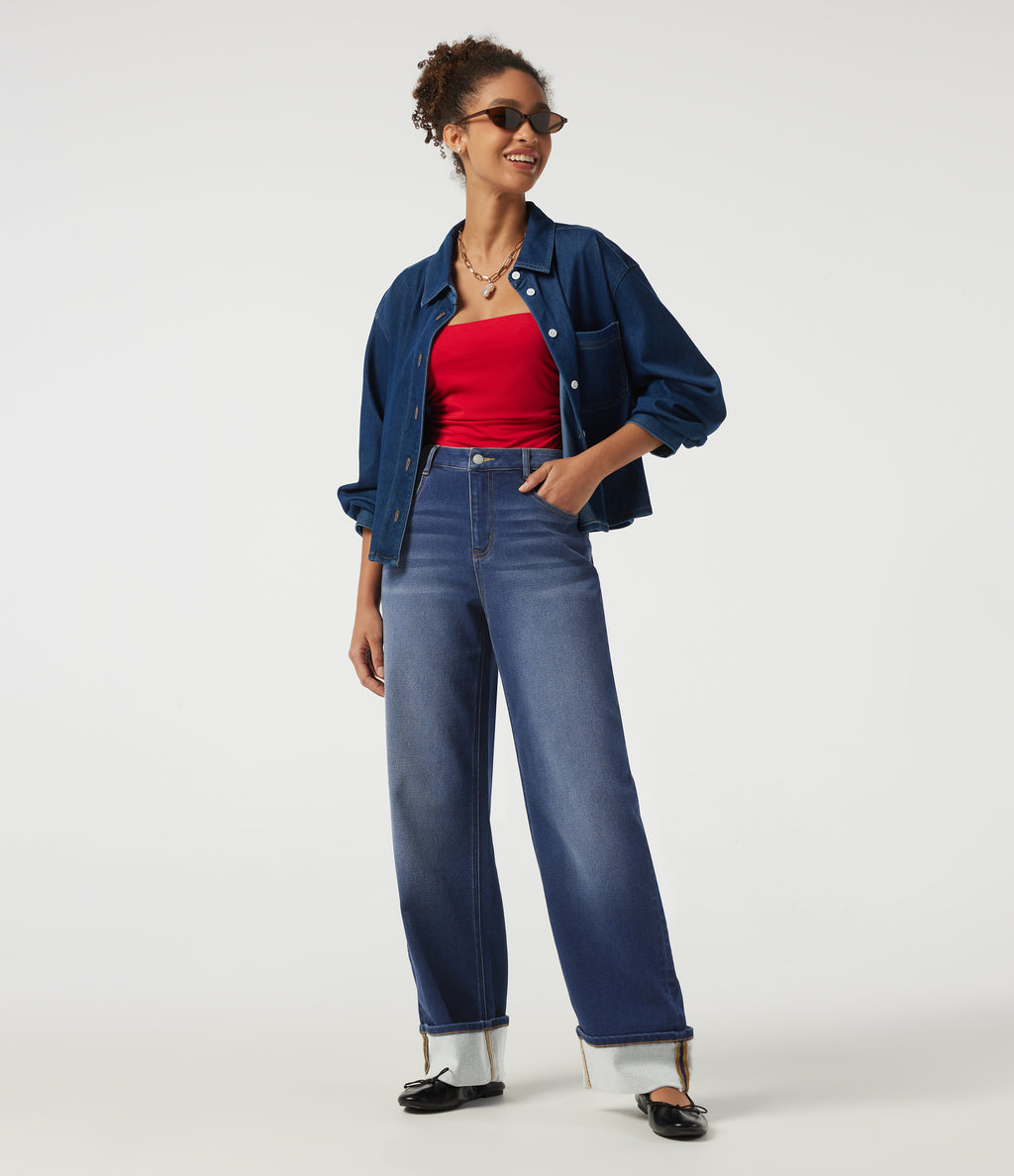Mid Rise Straight Leg Casual Jeans with Pockets — Estate Blue Denim — view 8