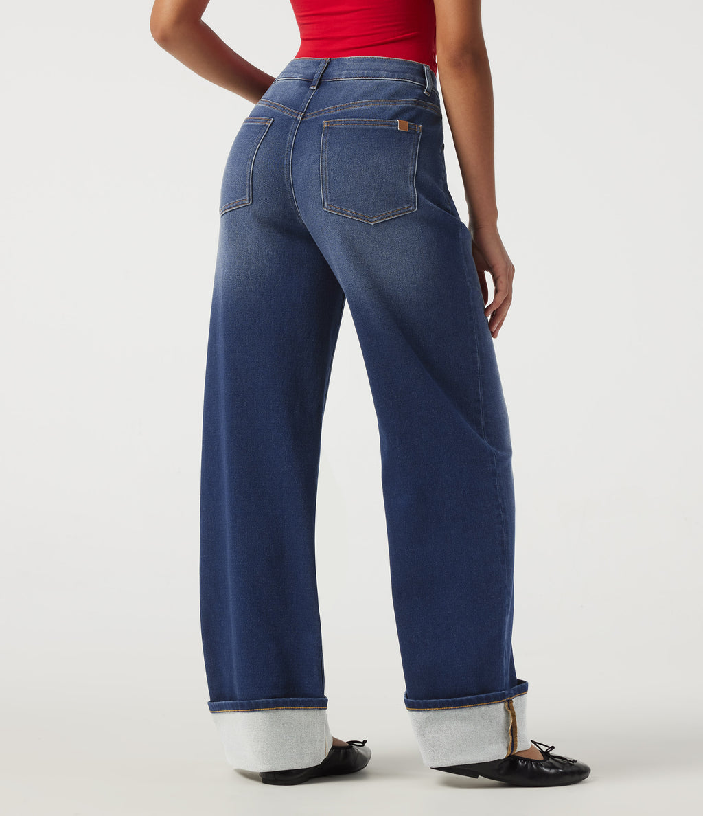 Mid Rise Straight Leg Casual Jeans with Pockets — Estate Blue Denim — view 2