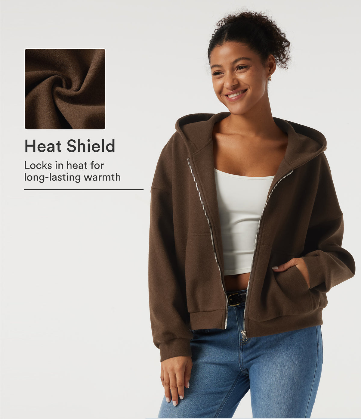 Hooded Long Sleeve Fleece Casual Coat with Pockets — Chestnut — view 1
