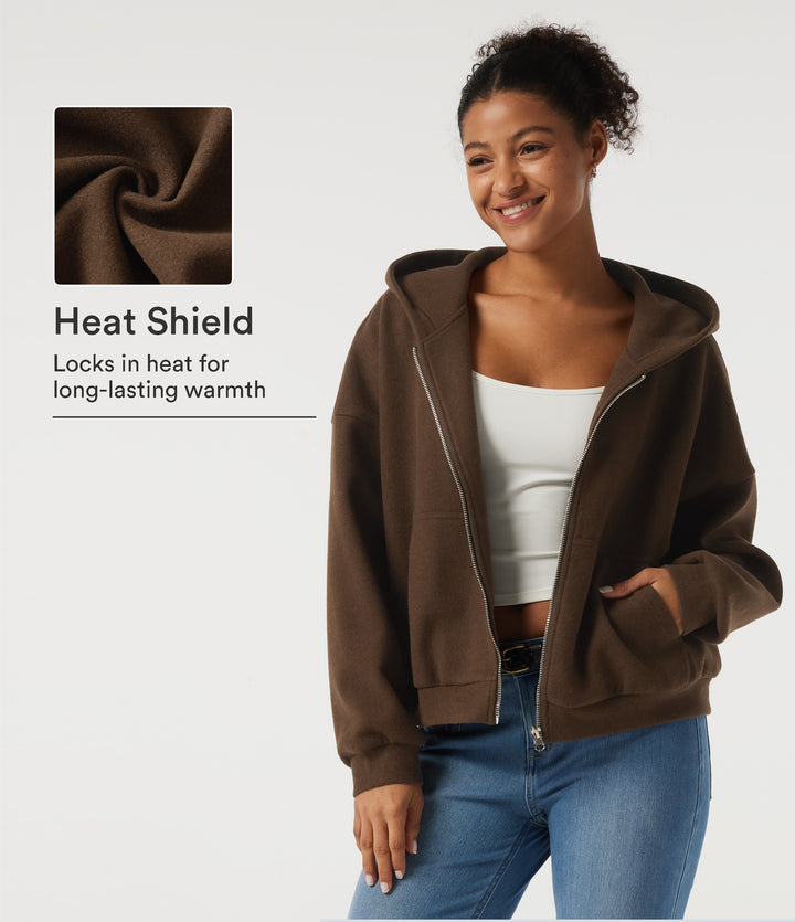 Hooded Long Sleeve Fleece Casual Coat with Pockets — Chestnut — view 1