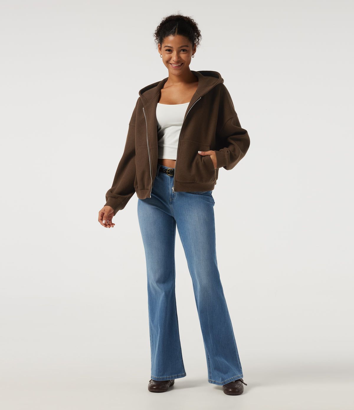 Hooded Long Sleeve Fleece Casual Coat with Pockets — Chestnut — view 7
