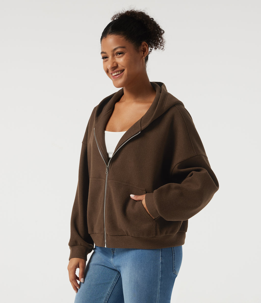 Hooded Long Sleeve Fleece Casual Coat with Pockets — Chestnut — view 3